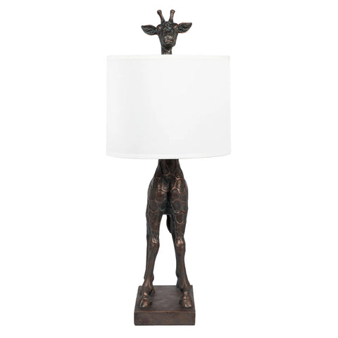 Front view of Resin Giraffe Table Lamp With Linen Shade And Bronze Finish Whimsical Animal Accent Light For Living Room Or Desk
