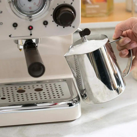 Semi Automatic Espresso Machine With 15 Bar Pressure, Dual Temperature Control, Steam Milk Frother, Retro White Coffee Maker For Home Kitchen, Barista Grade Rich Espresso, Lattes, Cappuccinos, And More, Easy To Use steaming milk froth in pitcher
