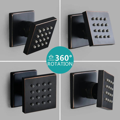 2 Inch Brass Square Massage Shower Body Sprayer Jets In Oil Rubbed Bronze Set Of 6, showing adjustable rotations and nozzles
