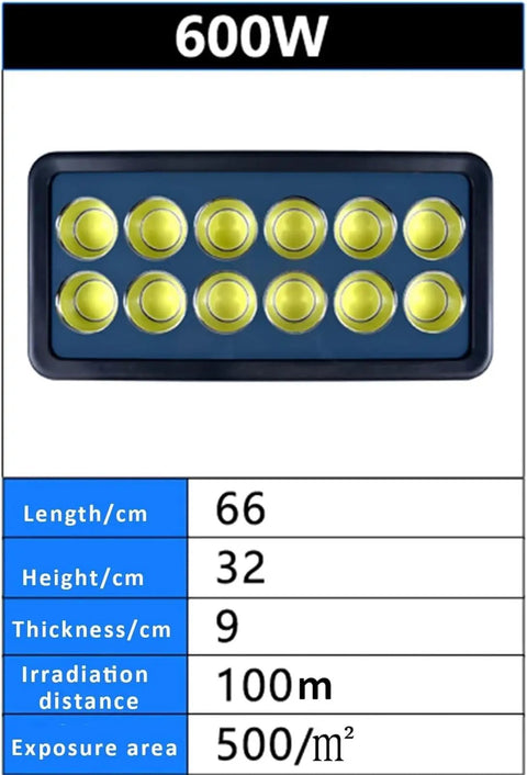 JUDYSSY Led Floodlight Outdoor 100-600W, 600W model with yellow LED chips, dimensions 66x32x9 cm, suited for large area illumination.