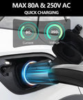 Top Tier Nacs To J1772 Ev Charging Adapter With 80 Amp Max And 250 Volt Rating connected to vehicle for fast charging, showing voltage and current.