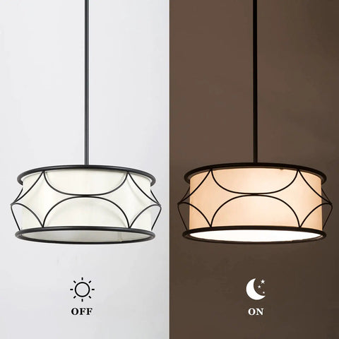 Dope Modern Drum Chandelier Pendant Light with Black Metal Frame and Fabric Shade, shown off and on for kitchen and dining room.