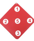 Sturdy Indoor Hanging Fencing Practice Target With Dope Double Sided Rubber Surface, red square, five numbered circles.