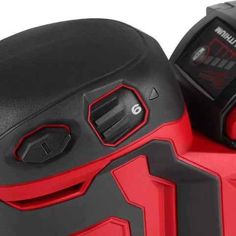 Close-up of controls on Slick Cordless Random Orbit Sander Kit With M18 Battery Pack for smooth finishing tasks.
