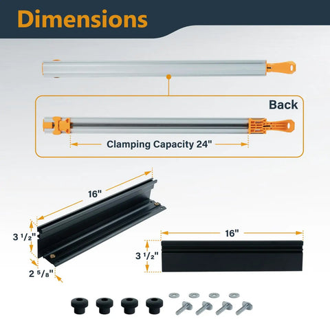 Universal 24 Inch Straight Edge Clamp And 16 Inch By Three And A Half Inch Band Saw Fence dimensions and components.