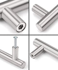 Close-up views of Two Pack Round Bar Cabinet Pulls Euro Style T Bar Handles with stainless steel brushed finish, 3-inch center to center.