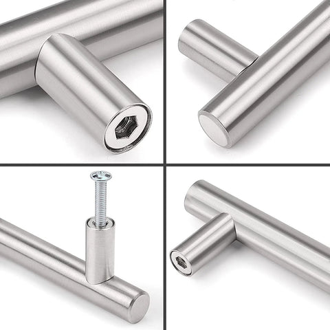 Close-up views of Two Pack Round Bar Cabinet Pulls Euro Style T Bar Handles with stainless steel brushed finish, 3-inch center to center.