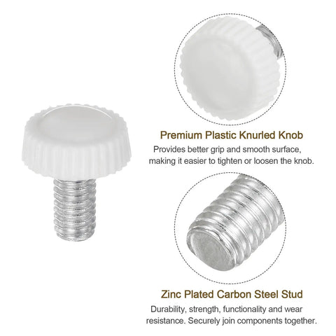 M6 12mm Thread Knurled Knobs 30 Pack DIY Friendly Thumb Screws with white plastic handle and zinc plated steel stud