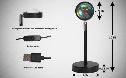 Sunset Lamp With Remote LED RGB Projection Night Light details including dimensions, USB cable, and remote switch.