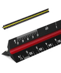 Close-up of 12 Inch Black Architectural Scale Ruler Triangular Aluminum Carpenter Tool with Imperial Marks and red accents