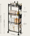 Four Tier Narrow Rolling Storage Cart With Wheels For Tight Spaces, Skinny Metal Mobile Shelf Organizer For Bathroom Kitchen Laundry Room Pantry Office, Black Finish, 6.8 Inch Wide So It Fits Between Appliances