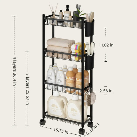 Four Tier Narrow Rolling Storage Cart With Wheels For Tight Spaces, Skinny Metal Mobile Shelf Organizer For Bathroom Kitchen Laundry Room Pantry Office, Black Finish, 6.8 Inch Wide So It Fits Between Appliances