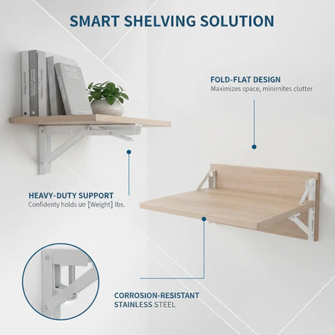 Stainless Steel Wall Mount Foldable Brackets for Floating Shelves and Drop Leaf Tables supporting shelf and table setup.