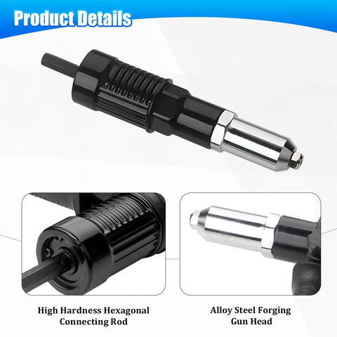 Pro Grade Car Cordless Rivet Gun Adapter Kit For Drill Universal Riveting Tool, black alloy steel and hexagonal rod
