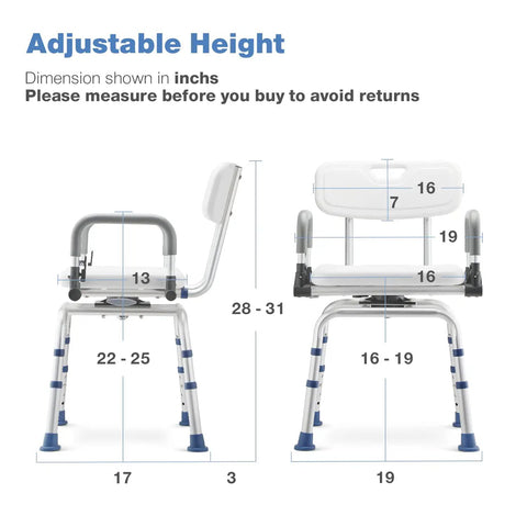 Dimensions of the Swivel Shower Chair With Drop Arms And Back For Inside Showers, 360 Degree Rotating Bath Seat, adjustable height shown