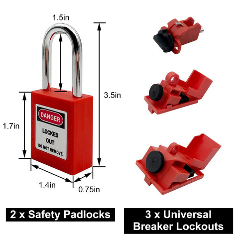 On The Go Lockout Tagout Kit With Clamp-On Circuit Breaker, Group Hasps, Tags, And Two Keyed-Different Padlocks In A Heavy-Duty Nylon Pouch, OSHA Compliant Safety Gear For Universal Multi-Pole Breakers, Black Kit showing padlocks and breaker lockouts