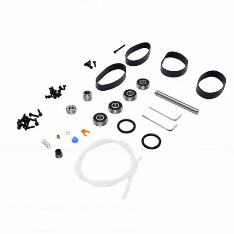 Components of Passive Filament Driven Rewinder Full Set For Filamentalist V3 scattered on white surface