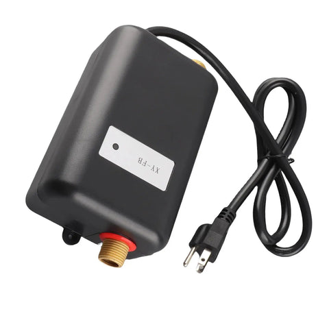 Compact Electric Under Sink Water Heater Brings Quick Warmth Back With A No Fuss Eco Friendly Tankless Build That Slashes Power Bills While Cranking Out Streaming Hot Water For Everyday Use. Black tank with plug and brass connector.