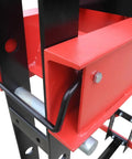 Close-up view of Real Deal 40 Ton Air Hydraulic Shop Press showing red and black structure, ideal for automotive repair jobs.