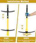 Installation method for 36 Inch Pick Mattock With Heavy Duty Rail Steel Head And Fiberglass Handle, showing assembly steps.