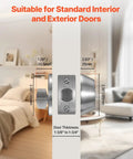 Round Single Cylinder Deadbolt Lock With 3 Keys Keyed On One Side Fits Standard Doors From One And Three Eighths Inches To One And Three Fourths Inches Solid Metal Build Satin Nickel Finish Ideal Front Entry Security For Home Interior Or Exterior installed on a door with measurements displayed.