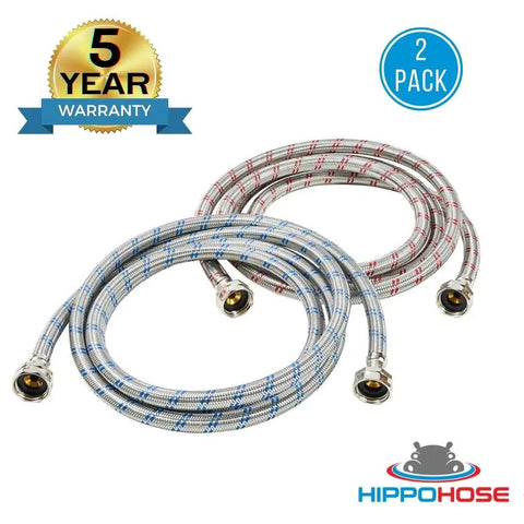 Eight Foot Braided Stainless Steel Washing Machine Hoses, Burst Proof Up To 1500 Psi, Two Pack, Color Coded Hot And Cold Lines
