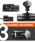Triple Channel Dash Camera System With Front 4K, Inside Cabin 1440P, Rear 1440P, IR Night Vision, dash cams and angles displayed