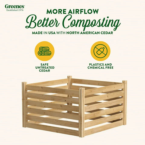 Premium Cedar Wood Compost Bin, 36 X 36 X 31 Inches, made from untreated North American cedar, shown with safe composting icons.