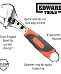 8 Inch Adjustable Wrench With Heavy Duty Chrome Plated Carbon Steel Build Pro Grip Ergonomic Handle For Maximum Leverage Quick Adjust Wheel For Easy Sizing Spanner End Hook shown with features labeled