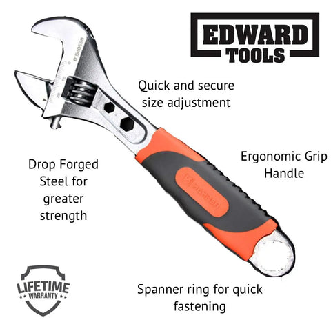 8 Inch Adjustable Wrench With Heavy Duty Chrome Plated Carbon Steel Build Pro Grip Ergonomic Handle For Maximum Leverage Quick Adjust Wheel For Easy Sizing Spanner End Hook shown with features labeled