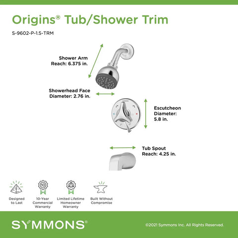 Origins Tub And Shower Faucet Trim Kit With Single Handle And 1 Spray Polished Chrome Finish 1.5 GPM Valve Not Included diagram