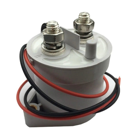 Heavy Duty 12V To 24V Solid State Relay For Electric Cars Rated At A Real Deal 1000 Amps, gray body with terminals and wires.