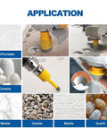 Heavy Duty Pro Grade Diamond Hole Saw Kit For Tile And Stone Drill Set with 12 pieces shown in application on various materials.