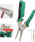 Eight In One Wire Stripper With Voltage Tester For Electricians, Heavy Duty Crimping And Cutting Tool, green multitool with accessories