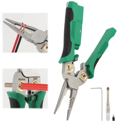 Eight In One Wire Stripper With Voltage Tester For Electricians, Heavy Duty Crimping And Cutting Tool, green multitool with accessories