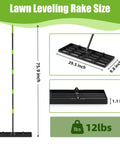 Lawn Leveling Rake 30x10 Built Tough with Anti Flip Design, dimensions 75.9in handle, 29.5x9.8in head, and 12lbs weight.