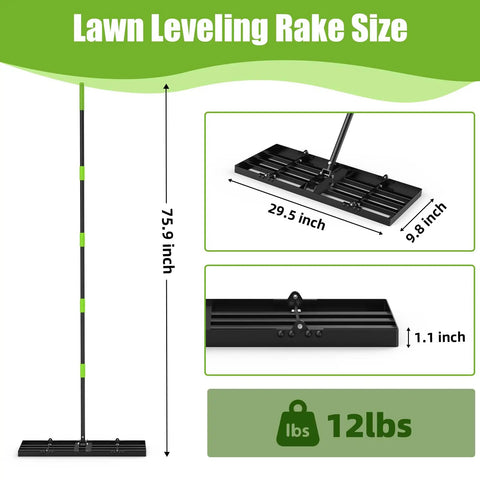 Lawn Leveling Rake 30x10 Built Tough with Anti Flip Design, dimensions 75.9in handle, 29.5x9.8in head, and 12lbs weight.