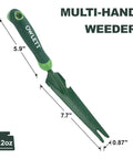 Workhorse 5 In 1 Garden Trowel Weeder Tool with soft handle, forked tip, serrated blade, and measuring scale, 5.9-inch handle
