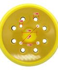 Heavy Duty Beast 5 Inch Hook And Loop Orbital Sander Pad With Eight Dust Holes shown from above with labeled dimensions for sanding precision.