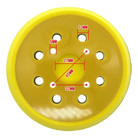 Heavy Duty Beast 5 Inch Hook And Loop Orbital Sander Pad With Eight Dust Holes shown from above with labeled dimensions for sanding precision.