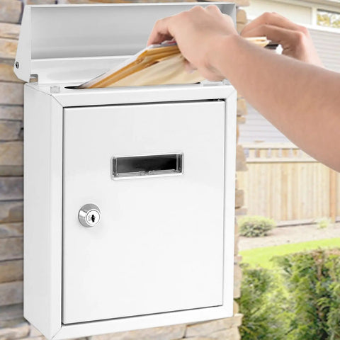 Weatherproof Wall Mount Locking Mailbox With Galvanized Steel Drop Box And Metal Flap being used outdoors