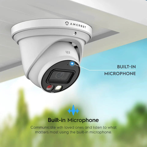 2 Pack 4K AI PoE Outdoor Turret Camera System With Built In Mic mounted on ceiling, highlighting microphone feature.