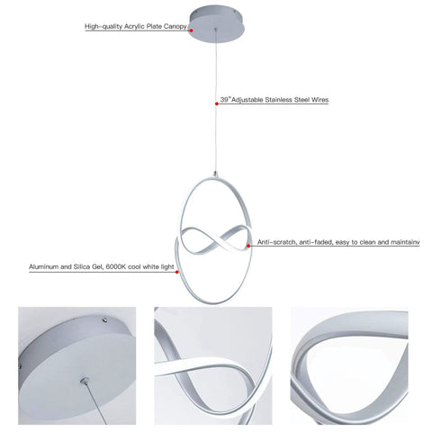 Lit Modern LED Pendant Light With Irregular Ring Design, 6000K Cool White, 33W 1980lm Not Dimmable, Silver Finish close-up details
