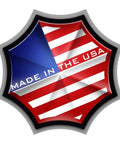 Emblem with U.S. flag colors and 'Made in the USA' text, representing American-made products and quality.