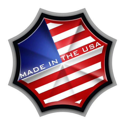 Emblem with U.S. flag colors and 'Made in the USA' text, representing American-made products and quality.