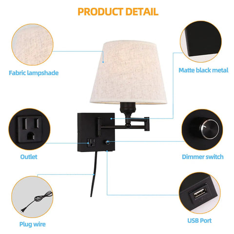Must Have Bedside Wall Lamp With Dimmable Switch And USB Outlet Swing Arm Fabric Shade Sconce In Black For Bedroom Living Room Or Hotel Plug In Cord Included