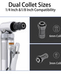 Dual collet sizes of Top Rated Heavy Hitter Air Die Grinder 1/4 Inch 25000 Rpm for various tool compatibility.