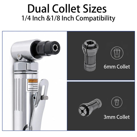 Dual collet sizes of Top Rated Heavy Hitter Air Die Grinder 1/4 Inch 25000 Rpm for various tool compatibility.