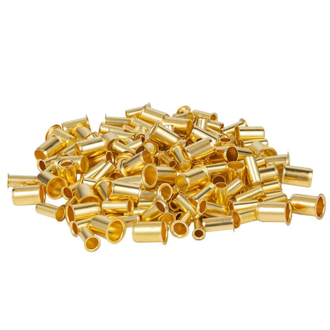Brass compression sleeves and ferrules assortment, six sizes 1/8-1/2 in, many pieces piled in a heap