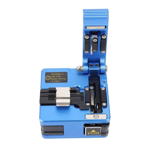 Aramox Pro Optical Fiber Cleaver High Precision Cutter for 0.25mm and 0.9mm FTTH cables, featuring durable blue aluminum casing.